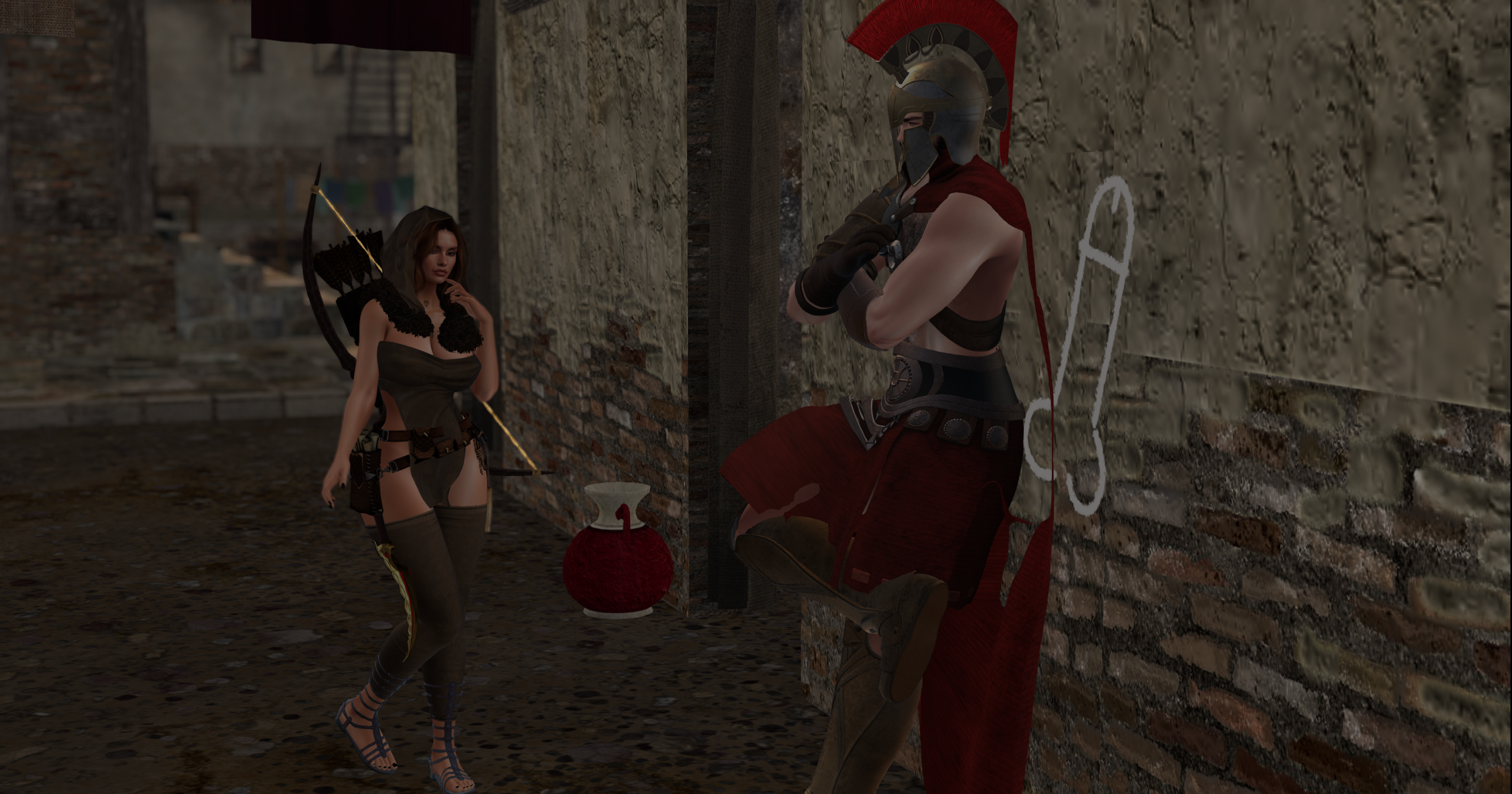 A well-dressed avatar sitting thoughtfully in a Roman sim, demonstrating immersion and in-character boundaries