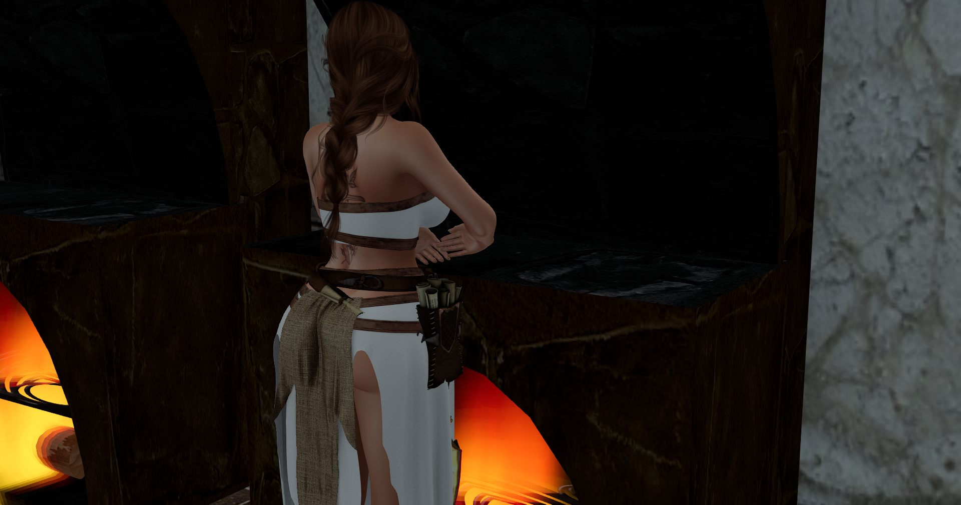 Quintina cooking Roman food on a stove using the Second Life crafting system