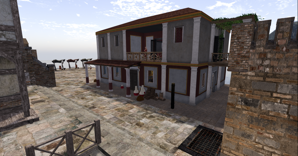A patrician woman standing in a Roman villa, displaying the high quality of Roman Roleplay in Second Life