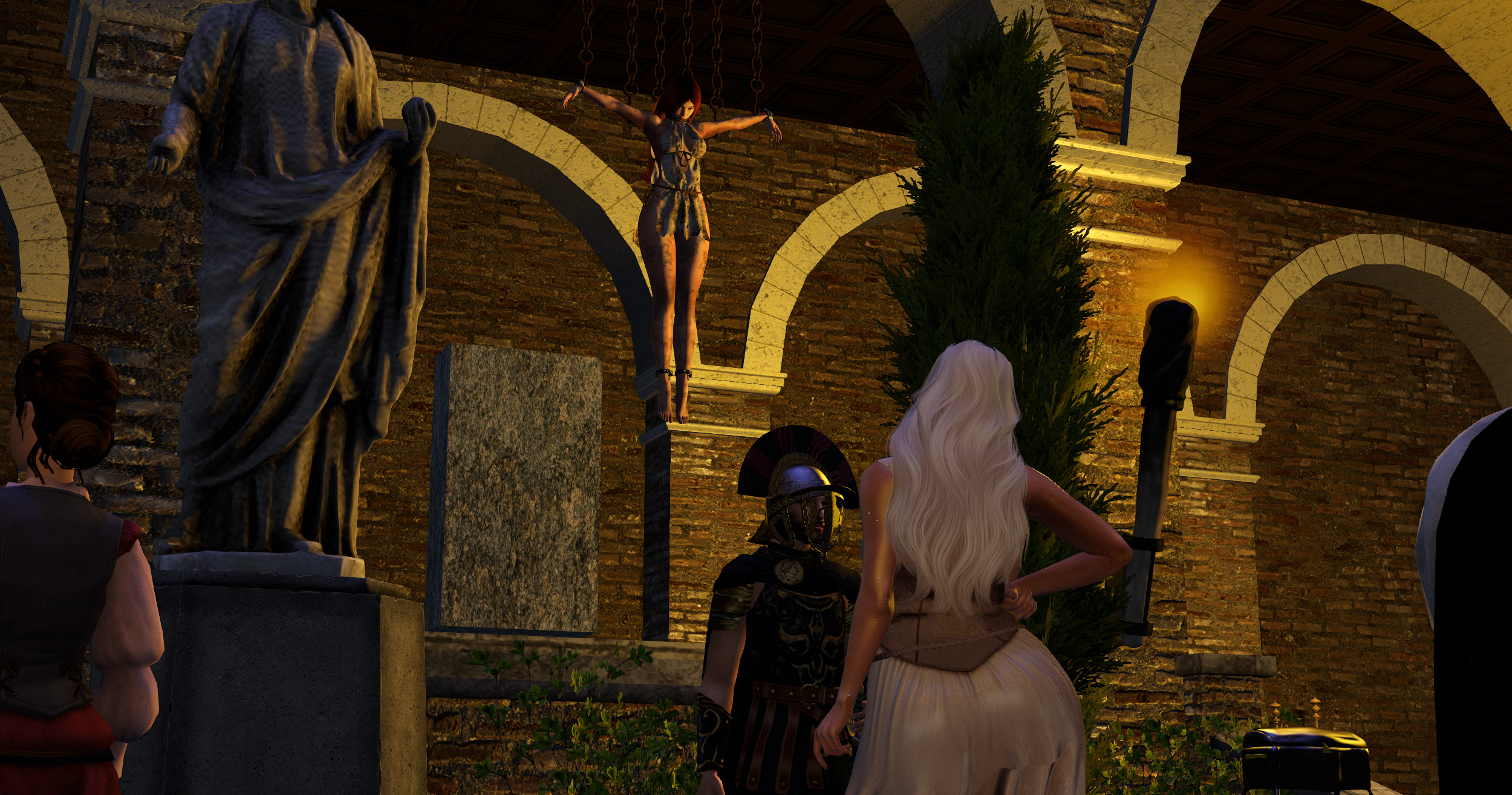 A slave facing punishment on the market street during an ancient Roman roleplay scene in Second Life
